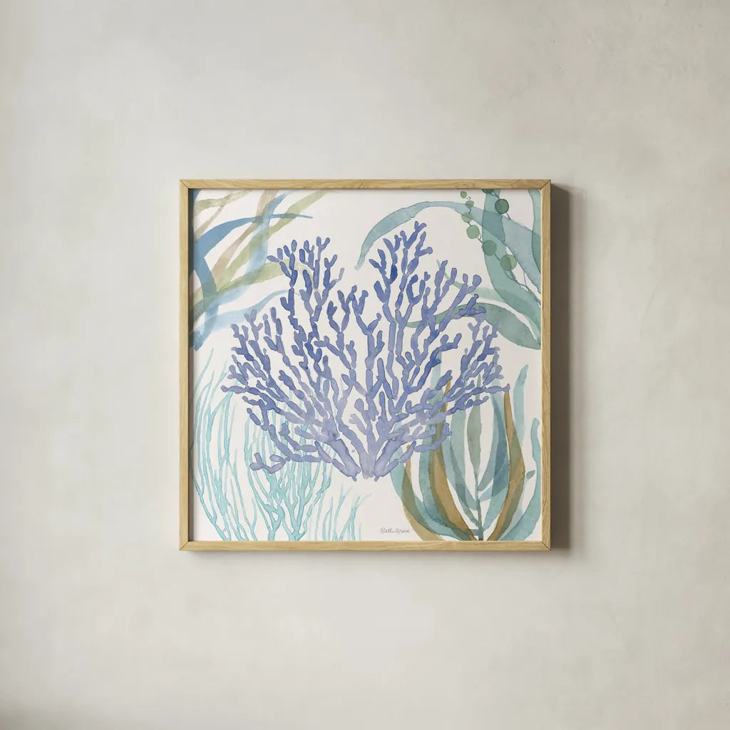 Soft Shores VIII by Beth Grove. Shown in a natural wood glass frame for a timeless modern aesthetic. Available as an archival giclee rolled canvas, fine art paper, or poster print. SKU 72859a.