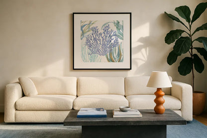 Soft Shores VIII by Beth Grove. Displayed in a glass frame with matte in a clean modern living room. Available as an archival giclee rolled canvas, fine art paper, or poster print. SKU 72859a.