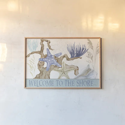 Soft Shores Welcome by Beth Grove. shown as a paper print in a natural frame. Available as a archival giclee rolled canvas, fine art paper, or poster print. SKU 74507i.