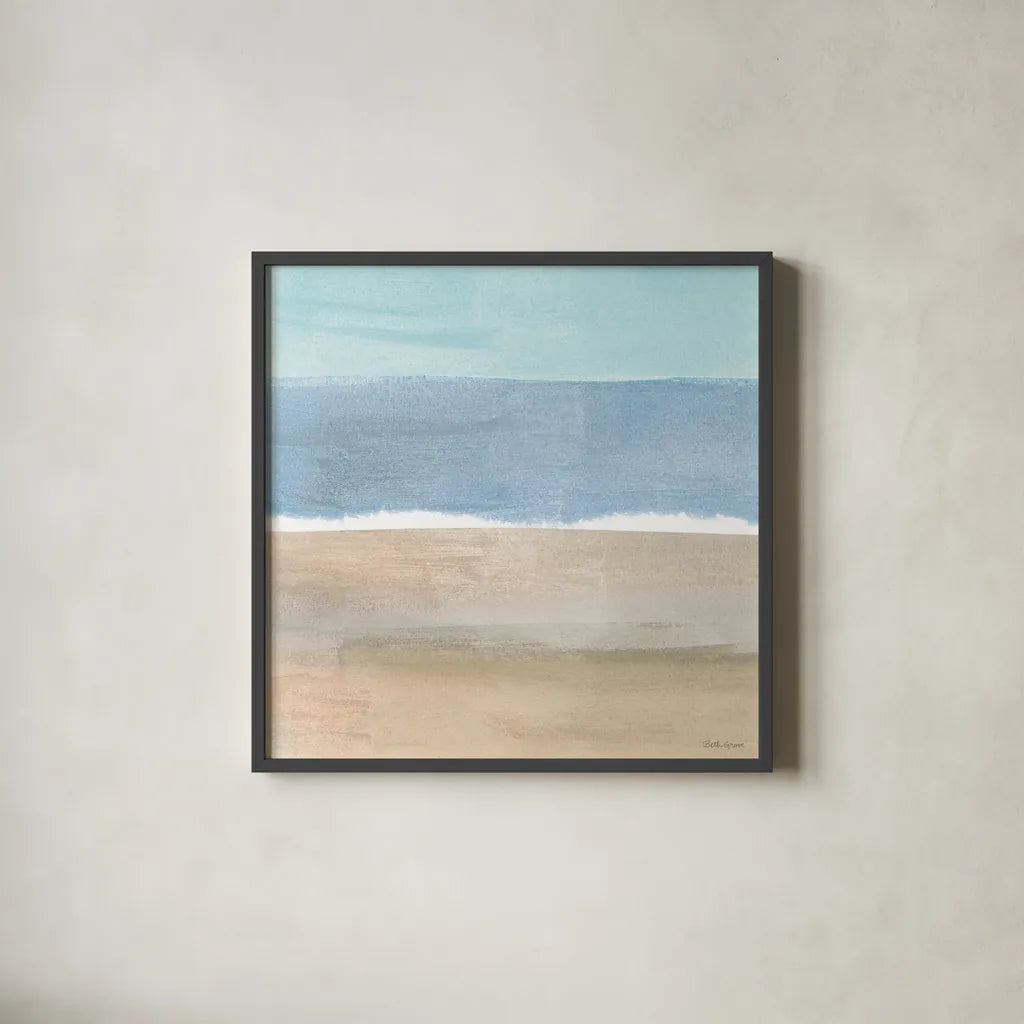 Soft Shores X by Beth Grove. Shown in a sleek black glass frame for a contemporary gallery look. Available as an archival giclee rolled canvas, fine art paper, or poster print. SKU 72861a.