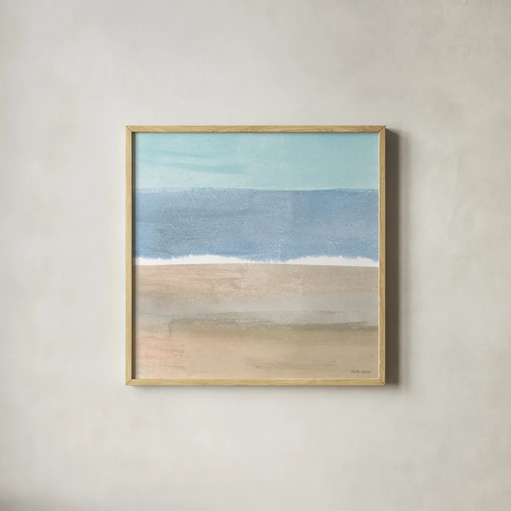 Soft Shores X by Beth Grove. Shown in a natural wood glass frame for a timeless modern aesthetic. Available as an archival giclee rolled canvas, fine art paper, or poster print. SKU 72861a.