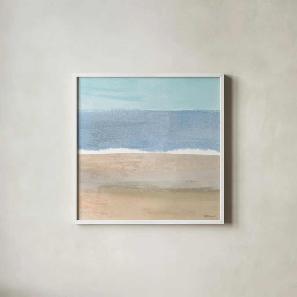 Soft Shores X by Beth Grove. Shown in a crisp white glass frame for a clean and minimalist style. Available as an archival giclee rolled canvas, fine art paper, or poster print. SKU 72861a.