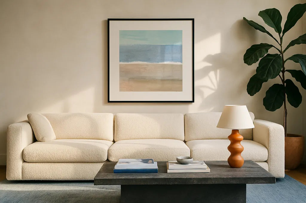 Soft Shores X by Beth Grove. Displayed in a glass frame with matte in a clean modern living room. Available as an archival giclee rolled canvas, fine art paper, or poster print. SKU 72861a.