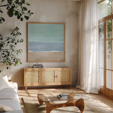 Soft Shores XI by Beth Grove. Shown in a natural wood frame in a cozy modern living room. Available as an archival giclee rolled canvas, fine art paper, or poster print. SKU 72862a.