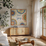 Spice Love VI by Beth Grove. Shown in a natural wood frame in a cozy modern living room. Available as an archival giclee rolled canvas, fine art paper, or poster print. SKU 88046a.