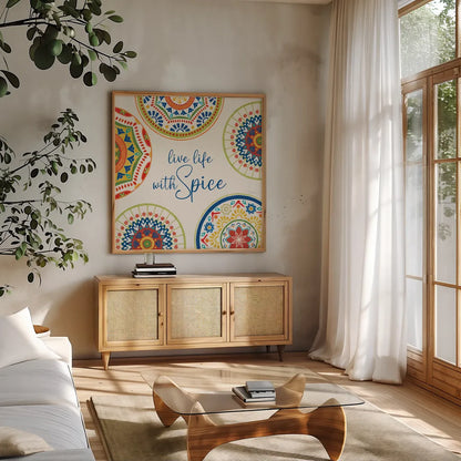 Spice Love VII by Beth Grove. Shown in a natural wood frame in a cozy modern living room. Available as an archival giclee rolled canvas, fine art paper, or poster print. SKU 88047a.