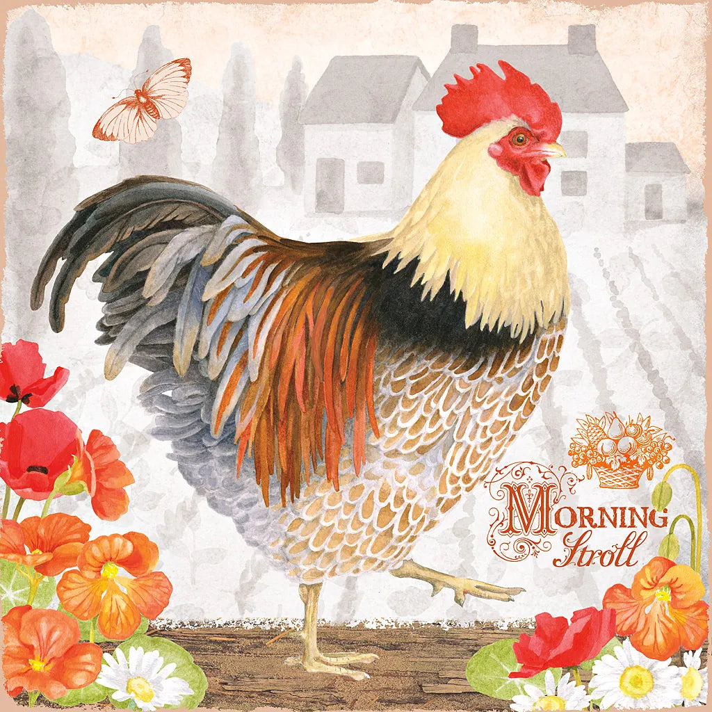 Spicy Morning Stroll Rooster by Beth Grove. SKU 29643a. Archival Giclee Fine art print for wall decor.