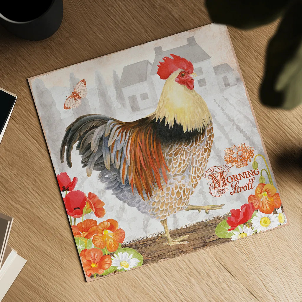 Spicy Morning Stroll Rooster by Beth Grove. Shown as a detailed flat fine art print, highlighting archival giclee quality. Available as an archival giclee rolled canvas, fine art paper, or poster print. SKU 29643a.