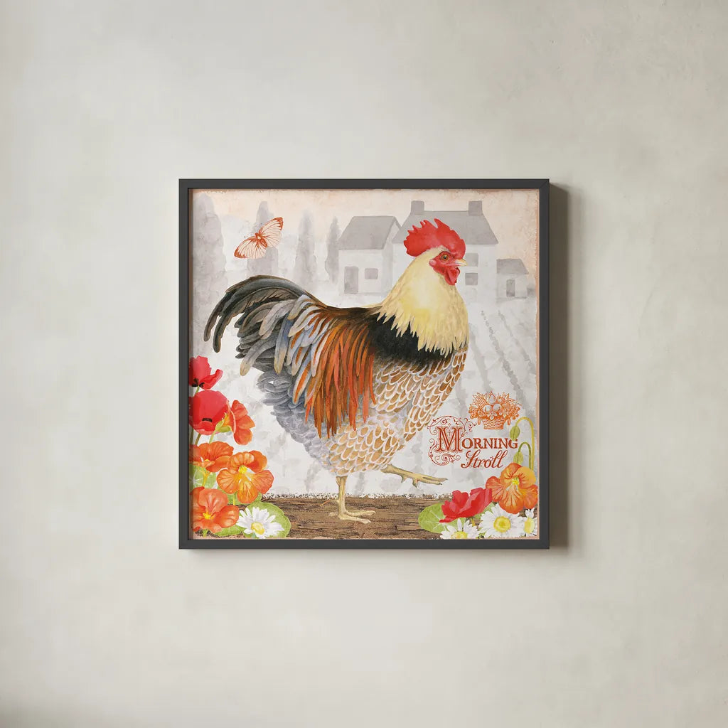 Spicy Morning Stroll Rooster by Beth Grove. Shown in a sleek black glass frame for a contemporary gallery look. Available as an archival giclee rolled canvas, fine art paper, or poster print. SKU 29643a.