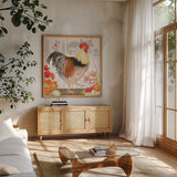 Spicy Morning Stroll Rooster by Beth Grove. Shown in a natural wood frame in a cozy modern living room. Available as an archival giclee rolled canvas, fine art paper, or poster print. SKU 29643a.