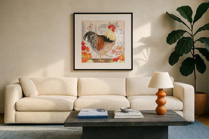 Spicy Morning Stroll Rooster by Beth Grove. Displayed in a glass frame with matte in a clean modern living room. Available as an archival giclee rolled canvas, fine art paper, or poster print. SKU 29643a.
