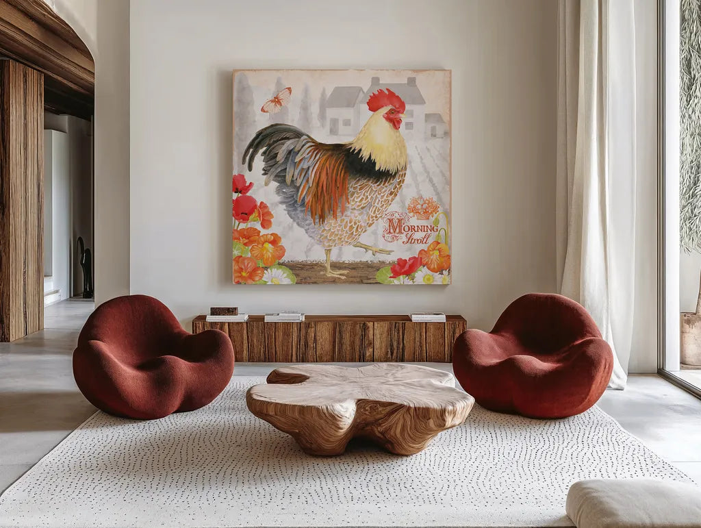 Spicy Morning Stroll Rooster by Beth Grove. Shown as extra-large giant wall art in a modern living room. Available as an archival giclee rolled canvas, fine art paper, or poster print. SKU 29643a.