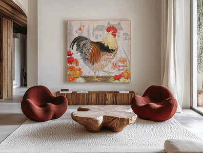 Spicy Morning Stroll Rooster by Beth Grove. Shown as extra-large giant wall art in a modern living room. Available as an archival giclee rolled canvas, fine art paper, or poster print. SKU 29643a.
