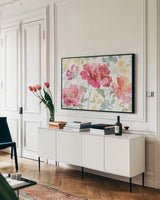 Springtime Bloom I by Beth Grove. shown as a framed stretched canvas in a living room above a console. Available as a archival giclee rolled canvas, fine art paper, or poster print. SKU 50042i.