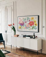 Springtime Bloom I by Beth Grove. shown as a framed stretched canvas in a living room above a console. Available as a archival giclee rolled canvas, fine art paper, or poster print. SKU 84663i.