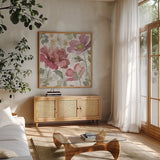 Springtime Bloom II Dark by Beth Grove. Shown in a natural wood frame in a cozy modern living room. Available as an archival giclee rolled canvas, fine art paper, or poster print. SKU 54533a.