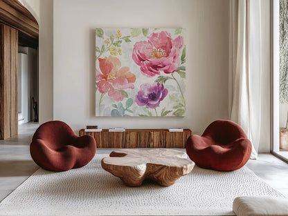 Springtime Bloom III by Beth Grove. Shown as extra-large giant wall art in a modern living room. Available as an archival giclee rolled canvas, fine art paper, or poster print. SKU 50044a.