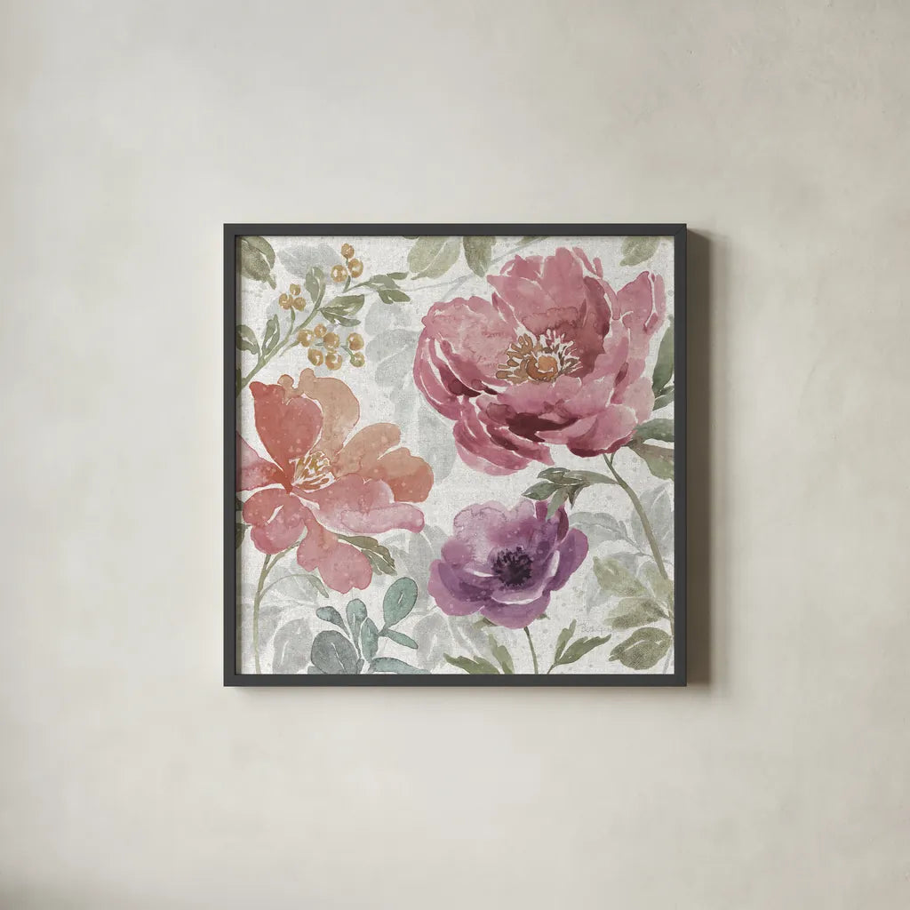 Springtime Bloom III Dark by Beth Grove. Shown in a sleek black glass frame for a contemporary gallery look. Available as an archival giclee rolled canvas, fine art paper, or poster print. SKU 54534a.
