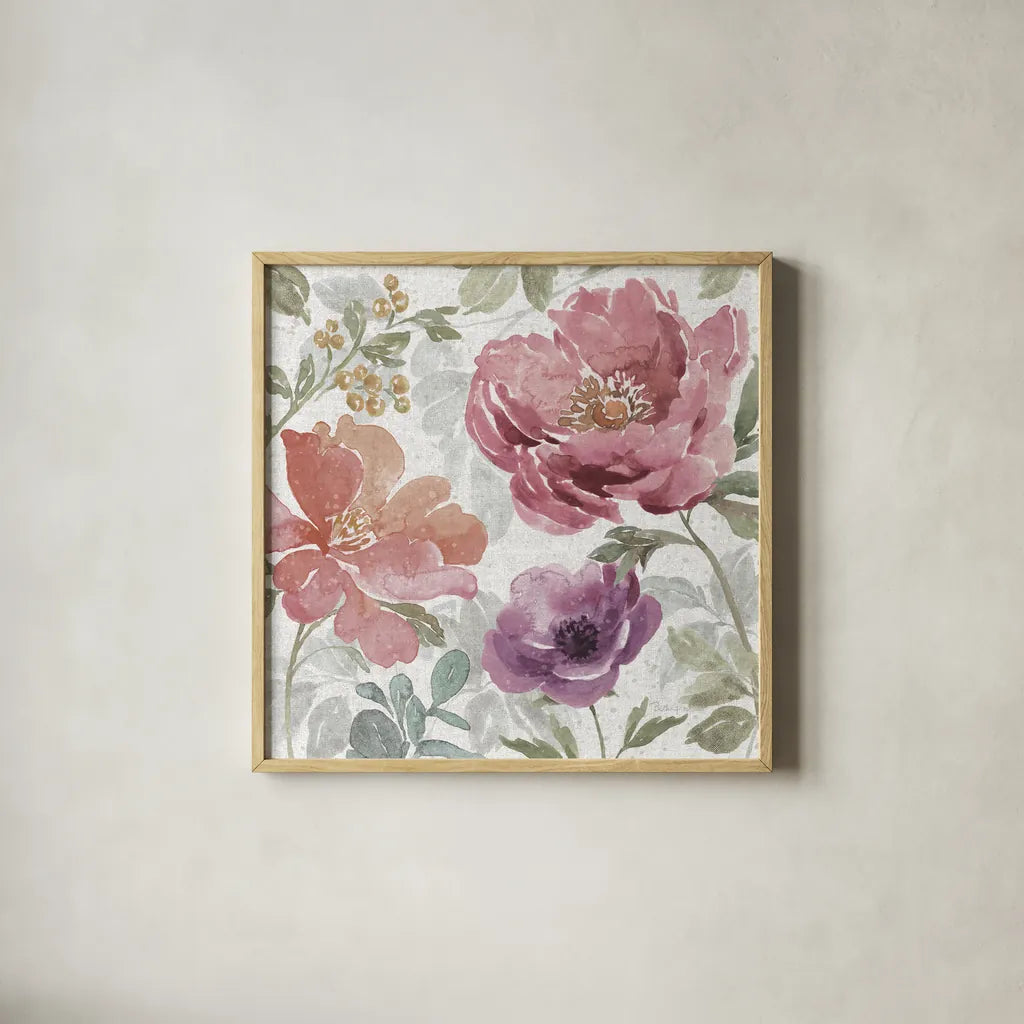 Springtime Bloom III Dark by Beth Grove. Shown in a natural wood glass frame for a timeless modern aesthetic. Available as an archival giclee rolled canvas, fine art paper, or poster print. SKU 54534a.