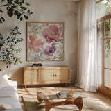 Springtime Bloom III Dark by Beth Grove. Shown in a natural wood frame in a cozy modern living room. Available as an archival giclee rolled canvas, fine art paper, or poster print. SKU 54534a.