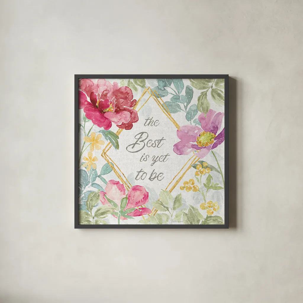 Springtime Bloom IV by Beth Grove. Shown in a sleek black glass frame for a contemporary gallery look. Available as an archival giclee rolled canvas, fine art paper, or poster print. SKU 50045a.