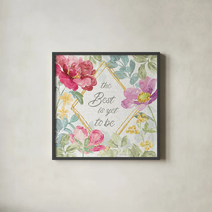 Springtime Bloom IV by Beth Grove. Shown in a sleek black glass frame for a contemporary gallery look. Available as an archival giclee rolled canvas, fine art paper, or poster print. SKU 50045a.