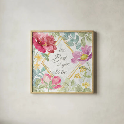 Springtime Bloom IV by Beth Grove. Shown in a natural wood glass frame for a timeless modern aesthetic. Available as an archival giclee rolled canvas, fine art paper, or poster print. SKU 50045a.