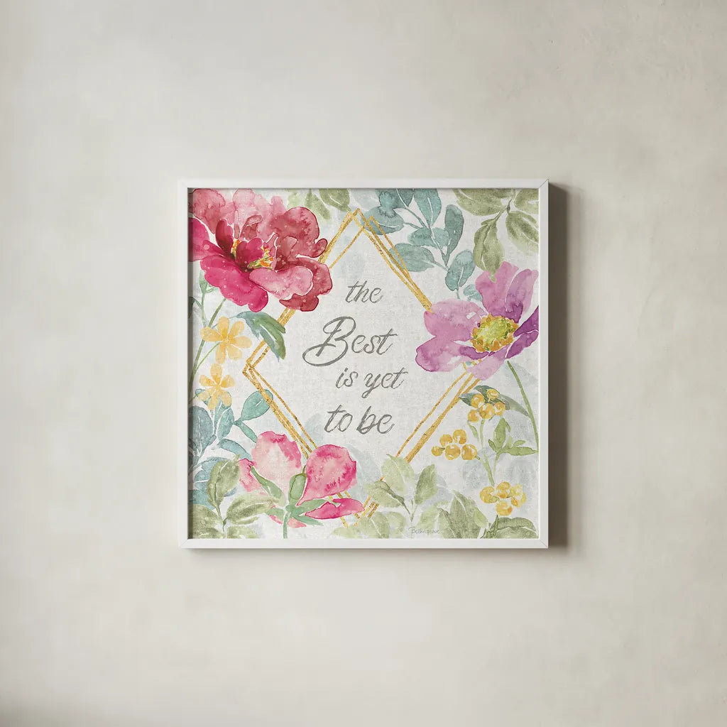 Springtime Bloom IV by Beth Grove. Shown in a crisp white glass frame for a clean and minimalist style. Available as an archival giclee rolled canvas, fine art paper, or poster print. SKU 50045a.