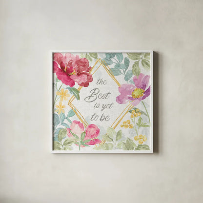 Springtime Bloom IV by Beth Grove. Shown in a crisp white glass frame for a clean and minimalist style. Available as an archival giclee rolled canvas, fine art paper, or poster print. SKU 50045a.