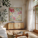 Springtime Bloom IV by Beth Grove. Shown in a natural wood frame in a cozy modern living room. Available as an archival giclee rolled canvas, fine art paper, or poster print. SKU 50045a.