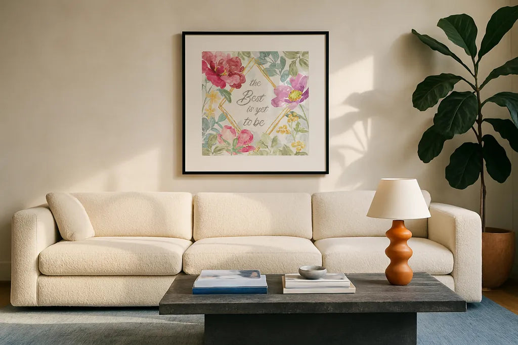 Springtime Bloom IV by Beth Grove. Displayed in a glass frame with matte in a clean modern living room. Available as an archival giclee rolled canvas, fine art paper, or poster print. SKU 50045a.