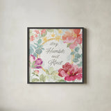 Springtime Bloom V by Beth Grove. Shown in a sleek black glass frame for a contemporary gallery look. Available as an archival giclee rolled canvas, fine art paper, or poster print. SKU 50046a.
