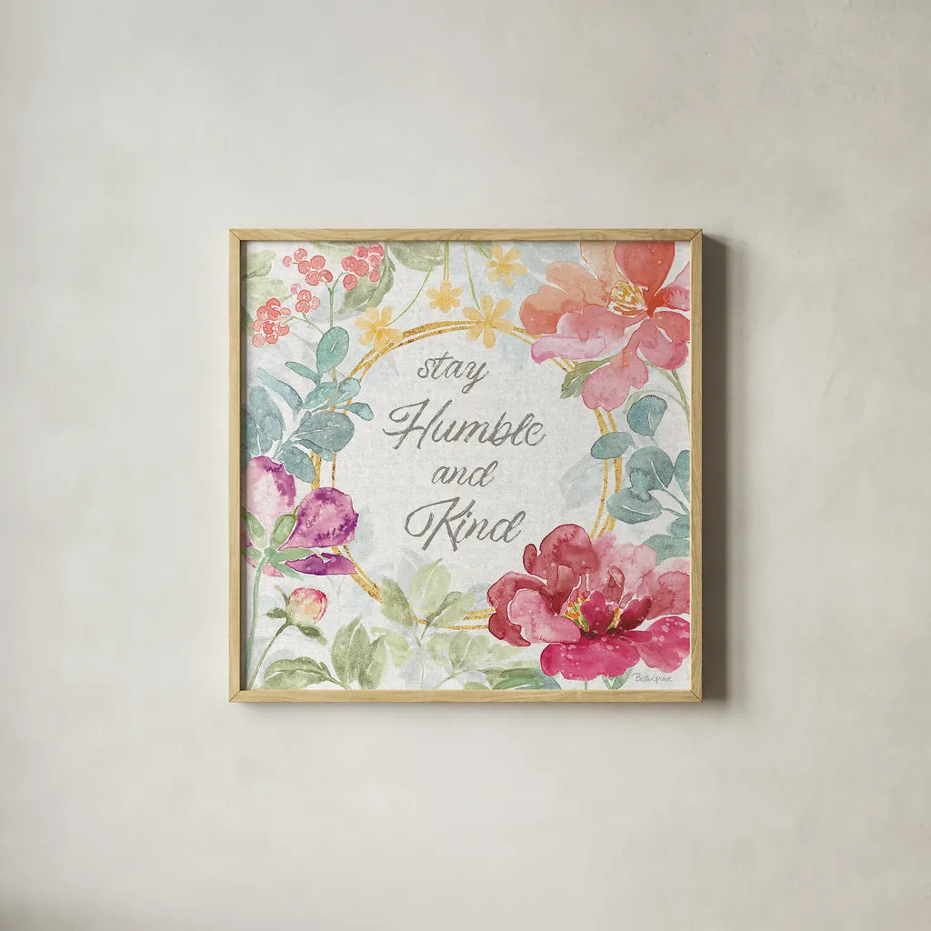 Springtime Bloom V by Beth Grove. Shown in a natural wood glass frame for a timeless modern aesthetic. Available as an archival giclee rolled canvas, fine art paper, or poster print. SKU 50046a.