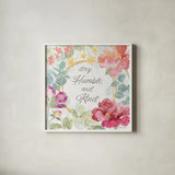 Springtime Bloom V by Beth Grove. Shown in a crisp white glass frame for a clean and minimalist style. Available as an archival giclee rolled canvas, fine art paper, or poster print. SKU 50046a.