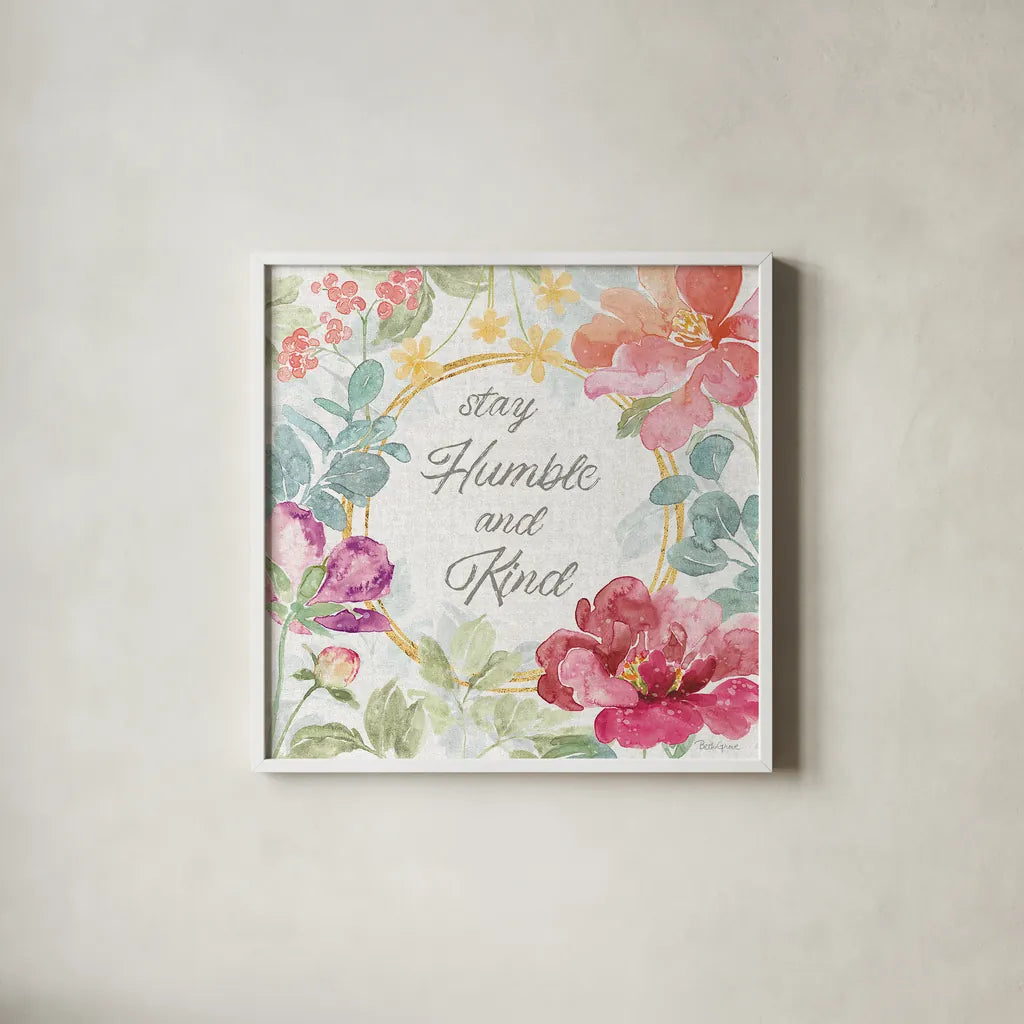 Springtime Bloom V by Beth Grove. Shown in a crisp white glass frame for a clean and minimalist style. Available as an archival giclee rolled canvas, fine art paper, or poster print. SKU 50046a.