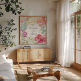 Springtime Bloom V by Beth Grove. Shown in a natural wood frame in a cozy modern living room. Available as an archival giclee rolled canvas, fine art paper, or poster print. SKU 50046a.