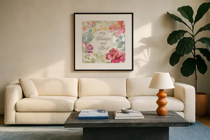 Springtime Bloom V by Beth Grove. Displayed in a glass frame with matte in a clean modern living room. Available as an archival giclee rolled canvas, fine art paper, or poster print. SKU 50046a.