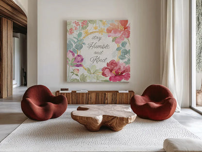 Springtime Bloom V by Beth Grove. Shown as extra-large giant wall art in a modern living room. Available as an archival giclee rolled canvas, fine art paper, or poster print. SKU 50046a.