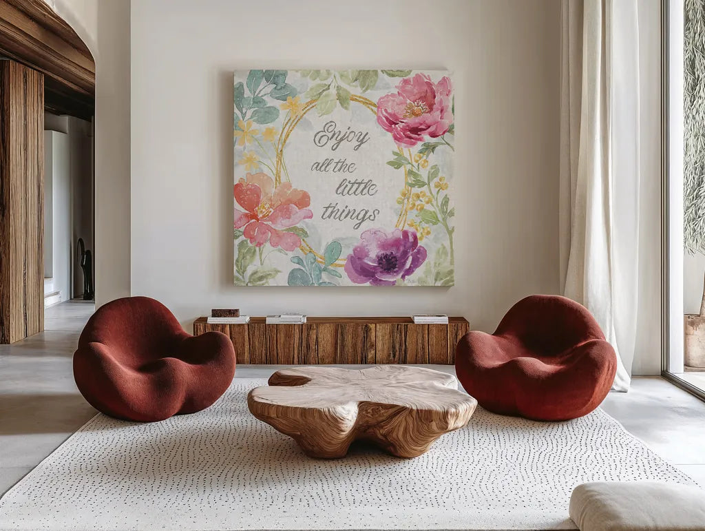 Springtime Bloom VI by Beth Grove. Shown as extra-large giant wall art in a modern living room. Available as an archival giclee rolled canvas, fine art paper, or poster print. SKU 50047a.
