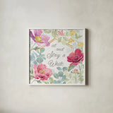 Springtime Bloom VII by Beth Grove. Shown in a crisp white glass frame for a clean and minimalist style. Available as an archival giclee rolled canvas, fine art paper, or poster print. SKU 50048a.