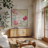 Springtime Bloom VII by Beth Grove. Shown in a natural wood frame in a cozy modern living room. Available as an archival giclee rolled canvas, fine art paper, or poster print. SKU 50048a.