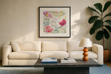 Springtime Bloom VII by Beth Grove. Displayed in a glass frame with matte in a clean modern living room. Available as an archival giclee rolled canvas, fine art paper, or poster print. SKU 50048a.
