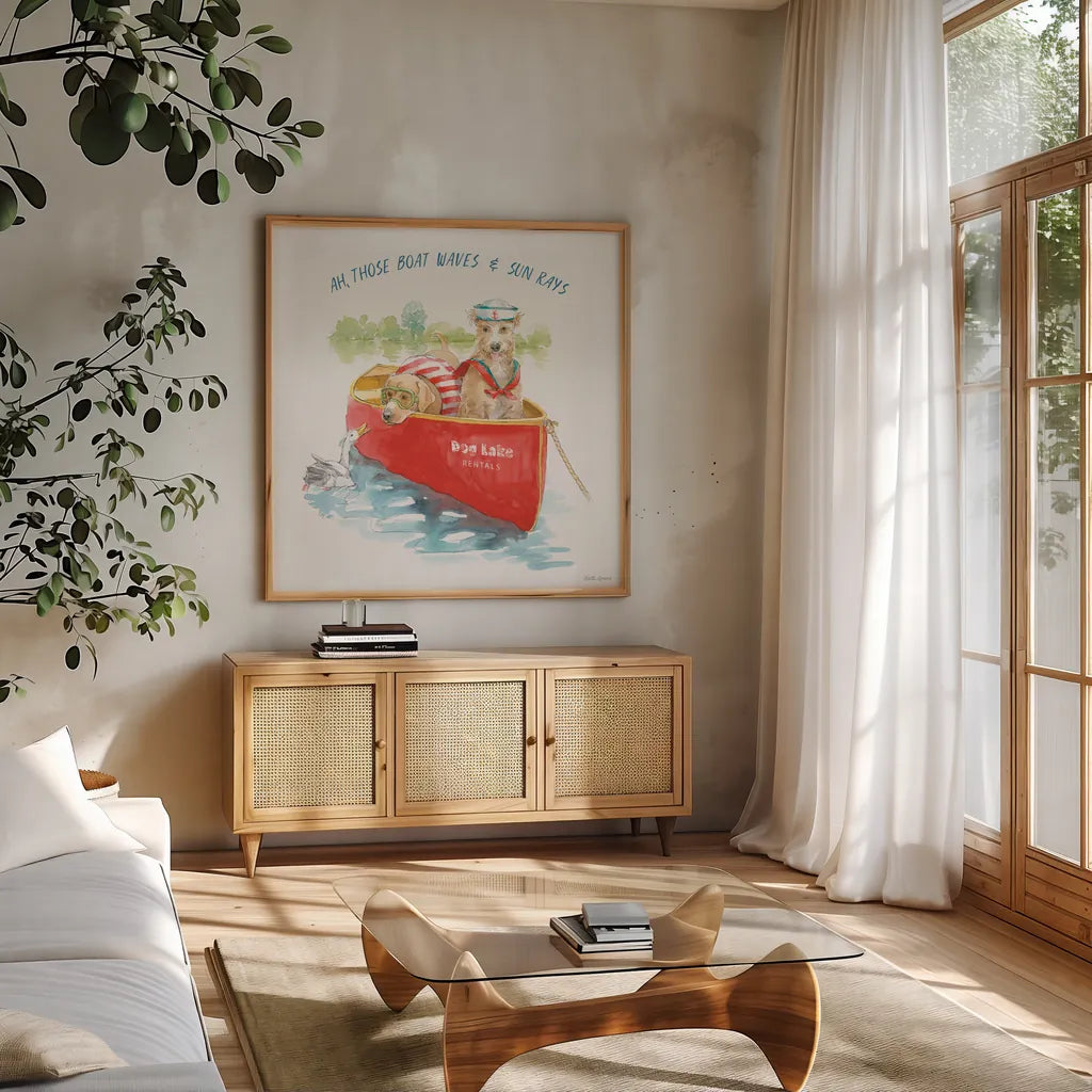 Summer Fun I by Beth Grove. Shown in a natural wood frame in a cozy modern living room. Available as an archival giclee rolled canvas, fine art paper, or poster print. SKU 73988a.