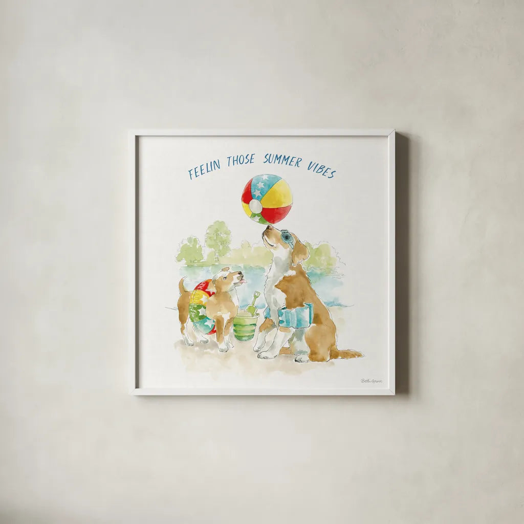 Summer Fun II by Beth Grove. Shown in a crisp white glass frame for a clean and minimalist style. Available as an archival giclee rolled canvas, fine art paper, or poster print. SKU 73989a.