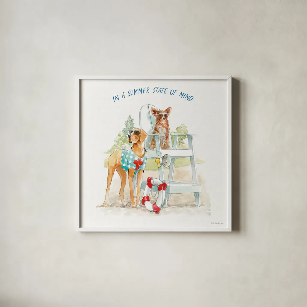 Summer Fun IV by Beth Grove. Shown in a crisp white glass frame for a clean and minimalist style. Available as an archival giclee rolled canvas, fine art paper, or poster print. SKU 73991a.