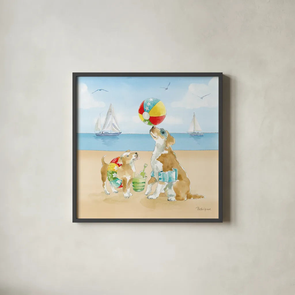 Summer Fun at the Beach II by Beth Grove. Shown in a sleek black glass frame for a contemporary gallery look. Available as an archival giclee rolled canvas, fine art paper, or poster print. SKU 78940a.