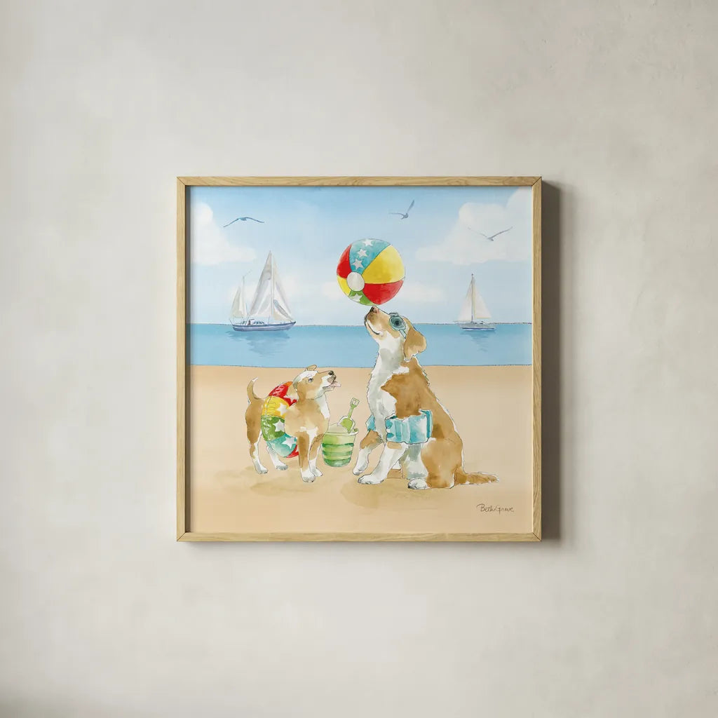 Summer Fun at the Beach II by Beth Grove. Shown in a natural wood glass frame for a timeless modern aesthetic. Available as an archival giclee rolled canvas, fine art paper, or poster print. SKU 78940a.