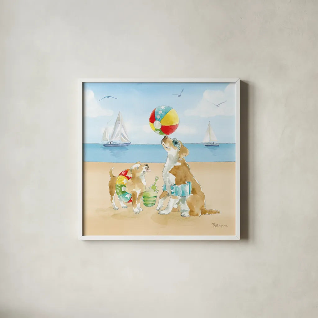 Summer Fun at the Beach II by Beth Grove. Shown in a crisp white glass frame for a clean and minimalist style. Available as an archival giclee rolled canvas, fine art paper, or poster print. SKU 78940a.