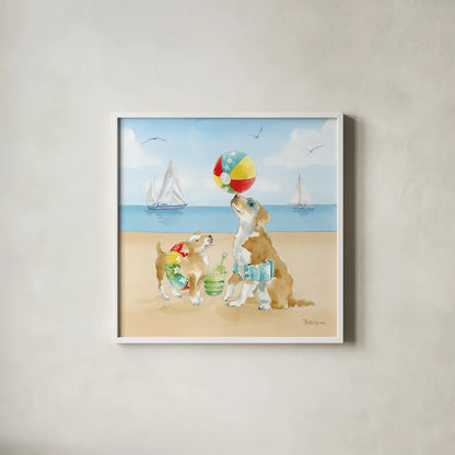 Summer Fun at the Beach II by Beth Grove. Shown in a crisp white glass frame for a clean and minimalist style. Available as an archival giclee rolled canvas, fine art paper, or poster print. SKU 78940a.