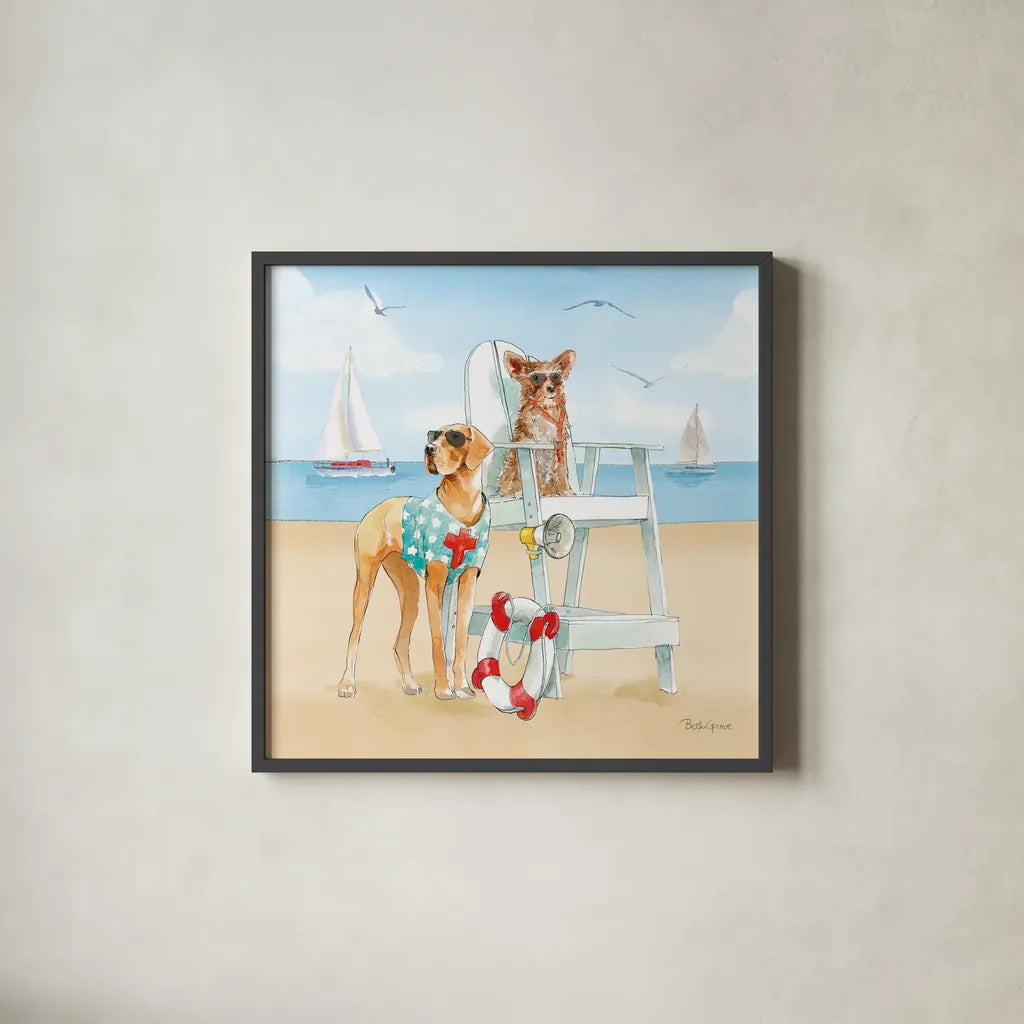 Summer Fun at the Beach IV by Beth Grove. Shown in a sleek black glass frame for a contemporary gallery look. Available as an archival giclee rolled canvas, fine art paper, or poster print. SKU 78941a.